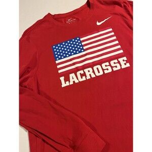 Nike USA Lacrosse LAX Flag Logo Long Sleeve Performance Shirt XL Red Dri-Fit